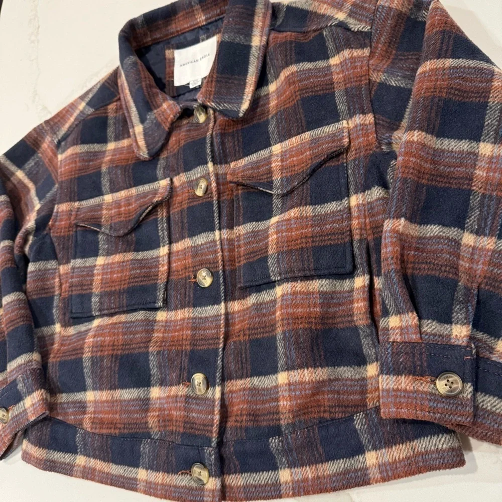 American Eagle Plaid Oversized Lined Shacket Women’s Medium Brown/Navy Jacket - Picture 5 of 9